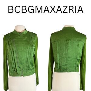 BCBGMAXAZRIA Sz L Silky Oren Jacket Green Asymmetrical Double Zip Moto Crop